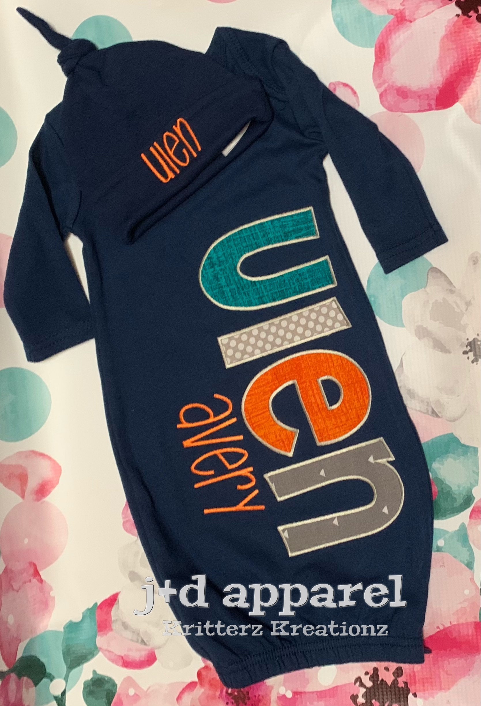 Personalized Navy Baby Gown and Hat. Grey Orange and Teal. | Etsy