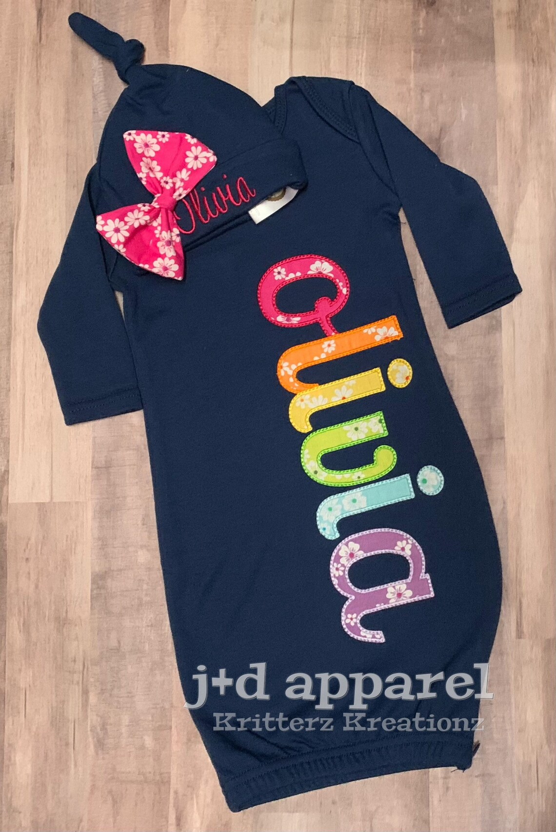 Personalized Navy Baby Gown and Hat With Bow. Floral Rainbow Etsy