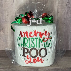 Carta igienica ricamata Merry Christmas Poo You. Regalo scherzoso difficile da acquistare. Regalo elefante bianco. Scambio regali per le feste. Riempitivo per calze.