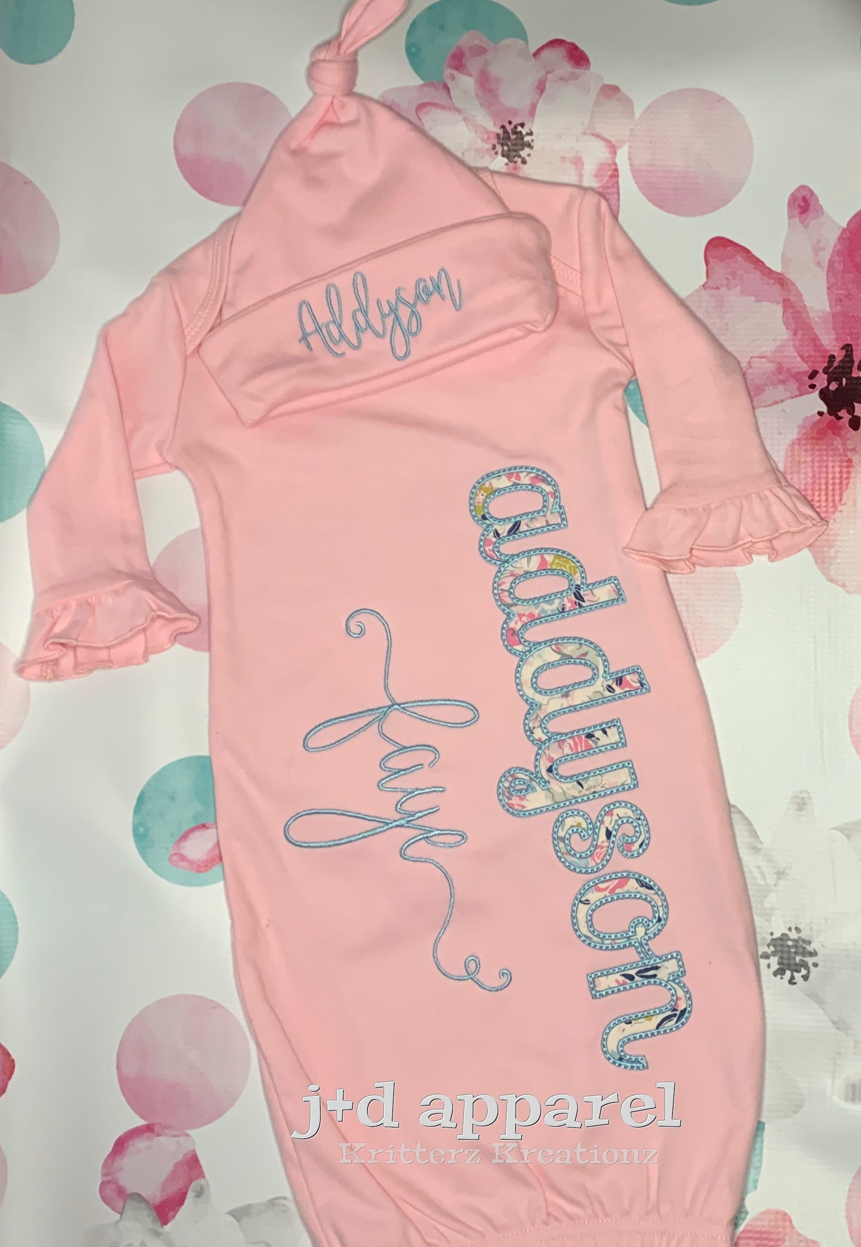 Personalized Pink Baby Gown and Hat. Millefiori Ethereal | Etsy