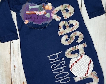 Personalized Navy Baby Gown and Hat. Baseballs with baseball. Coming Home Outfit. Baby Boy. Baby Girl. Newborn. Baby Shower Gift. Custom.