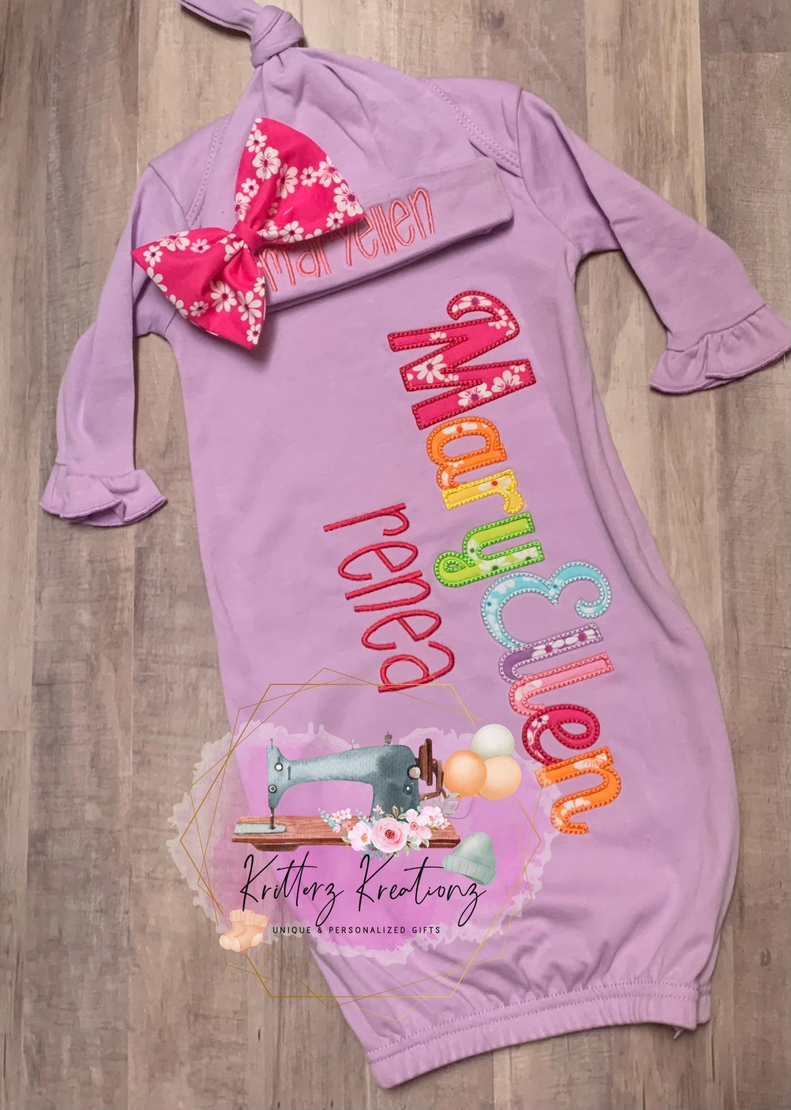 Personalized Lavender Baby Gown and Hat With Bow. Floral Etsy