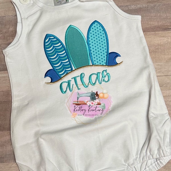 Surfboard Trio Baby Romper. Blues and Aquas Surfboards. Boy bubble romper. Girl Bubble Romper. Summer baby outfit. Beach Outfit.