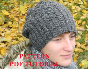 Knitting Pattern Man Slouchy Mens Beanie Knitted Hat Pdf Etsy