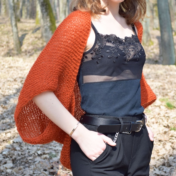 Womens Knitted Shrug Orange Bolero Beach Cover Up Mohair Fall Boho Knitwear Teen Girl Shoulders Warmer Country Loose Knit Jacket Cardigan