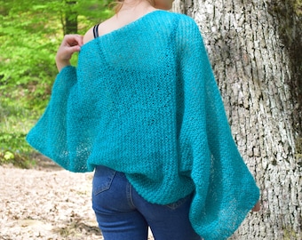 Turquoise Shrug Knitted Bolero Womens Wrap Autumn Cardigan Shoulders Warmer Evening Wedding Beach Cover up Hand Knit Clothing Knitwear Gift
