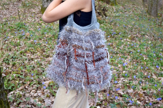 Graue flauschige Handtasche Boho Stricktasche Stricktasche Boho