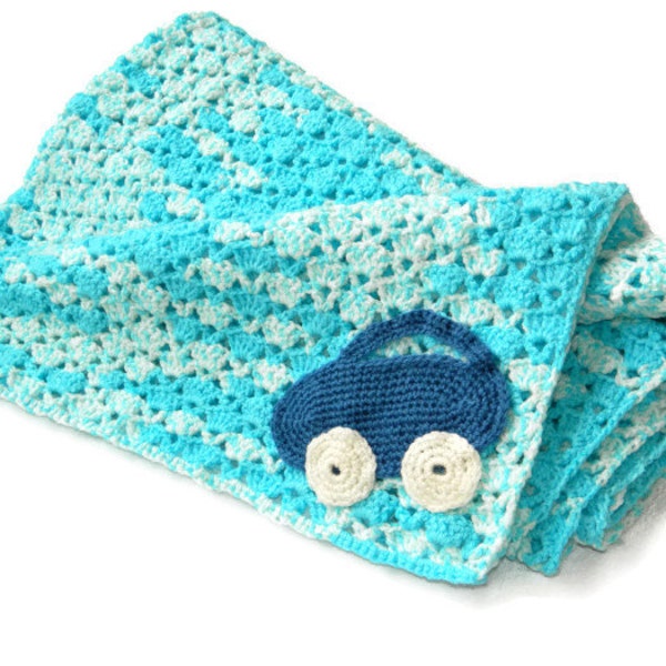 Crochet baby blanket-boy blanket-baby blue turquoise afghan-car applique-photography prop-newborn blanket-baby boy shower-baby gift-boy wrap