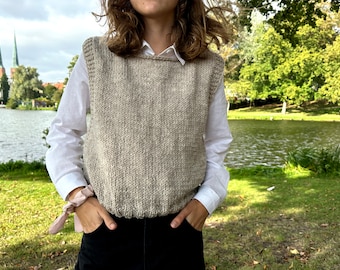 Hand Knitted Vest Chunky Wool Woolen Sleeveless Sweater Pullover Knit Slipover Women Loose fit Crop Warm Spring Fall Outfit Oatmeal Jumper
