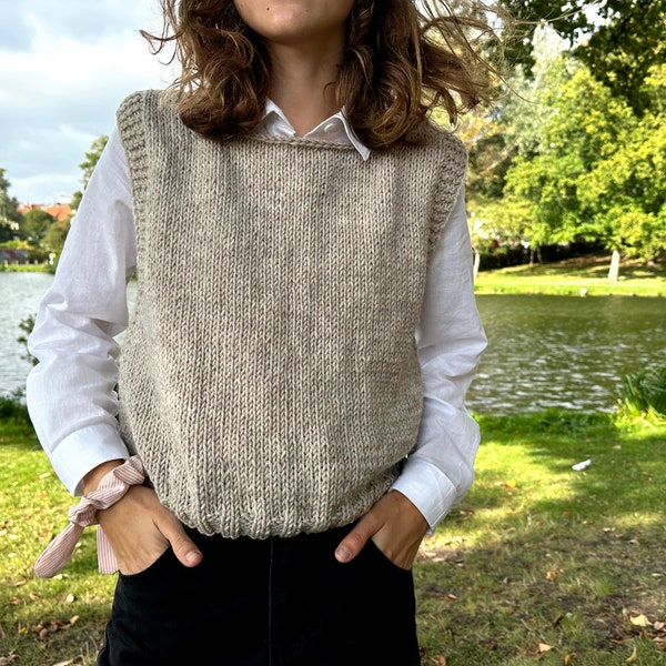 Gilet tricoté à la main en laine épaisse, pull sans manches, pull en tricot pour femmes, coupe ample, tenue chaude de printemps et d'été, pull à flocons d'avoine