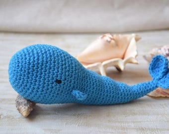 Whale Baby toy rattle Organic toddler crochet Ocean animals cotton Amigurumi Nautical Nursery Decor Pretend play Kids gift Plushie Seaside