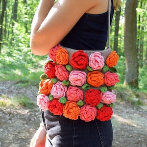 Flower Crochet tote bag Floral Roses red pink Cotton Purse Boho handbag Fall fashion Crossbody bag Rose Boho handbag Festival Casual Gift