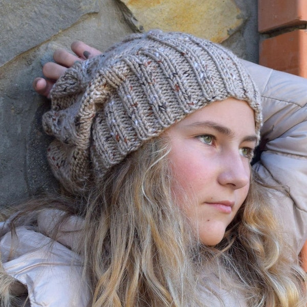 Bonnet slouchy femme Tricot chapeau slouch Bonnet hippie Chunky baggy chapeau Gris Beige Marron Noir tricoté à la main Jeunes femmes tam Laine Hiver Printemps