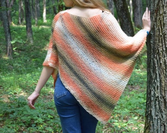 Womens Boho Poncho Striped Coral Beige Knitted Cover Up Wedding Mohair Hippie Beach Knitwear Shoulders Warmer Vegan Poncho Bridal Openwork