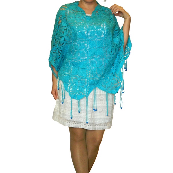 Women's Wool Lace Crocheted Shawl - azure sapphirine blue turquoise poncho - Knitting for Woman - Handmade Stole