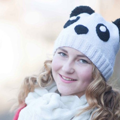 KatrinKnitting Panda Knit Beanie Hat Animal Hand Knit Beanie Toddler Hat Teen Girl Hat Women Beanie Panda Bear Chunky Kawaii Panda Costume Adult Youth