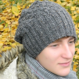 Gorro holgado para hombre, gorro de lana, gorros de punto gruesos de invierno, gorro hippie gris, regalo para él, gorro holgado grueso tejido a mano, regalo de Navidad