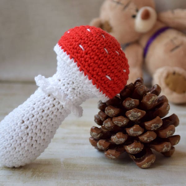 Toadstool baby rattle crochet teether toy Toddler teething food mushroom Organic toys cotton natural amanita toy pretend play Woodland gift
