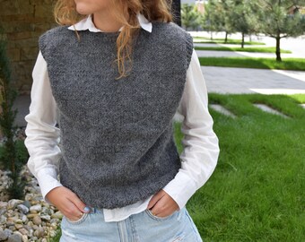 Knit Vest S/XS Chunky Top Gray Loose Fit Tank Slipover Women's Knitted Top Boho Pullover Sweater Hand Knitted Wool Sleeveless Back to School