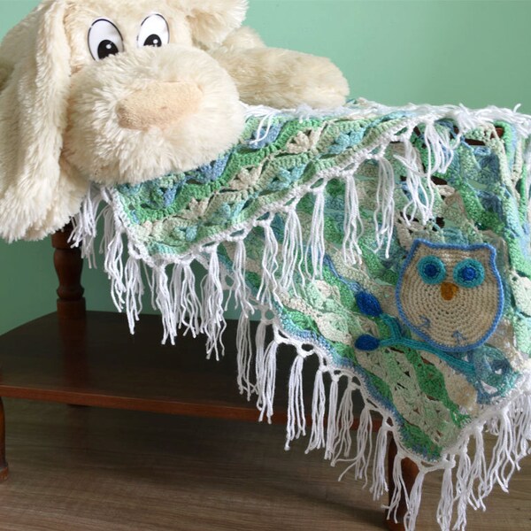 Baby blanket-Kids crochet afghan-Owl blanket-fringe-Christening baptism-wrap-newborn blanket-BABY SHOWER GIFT-photography prop-baby throw