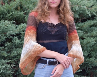 Dames gebreide schouderophalen top bedekken oranje bruin gebreide bolero bruiloft wol boho breigoed schouders warmer los gebreid jasje gestreept lente cadeau