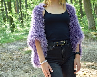 Purple Fluffy Knit Bolero | Women’s Hand-Knitted Shrug Wrap | Fall Cardigan Shoulder Warmer | Evening Cover-Up | Teen Girl Clothing Gift