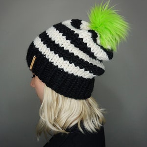 Slouchy Beetlejuice Beanie with Lime Green Faux Fur Pom | Charlie & Luna Co.