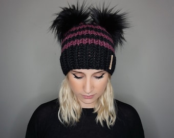 Halloween Striped Double Pom Beanie in Purple and Black | Charlie & Luna Co.