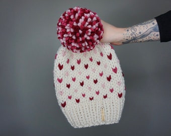 The Valentine Beanie | Charlie & Luna Co., Womens, Teens, Slouchy hat, Warm, Soft, Gifts for her, Red, Pink, White, Hot Pink, Fair Isle, Pom