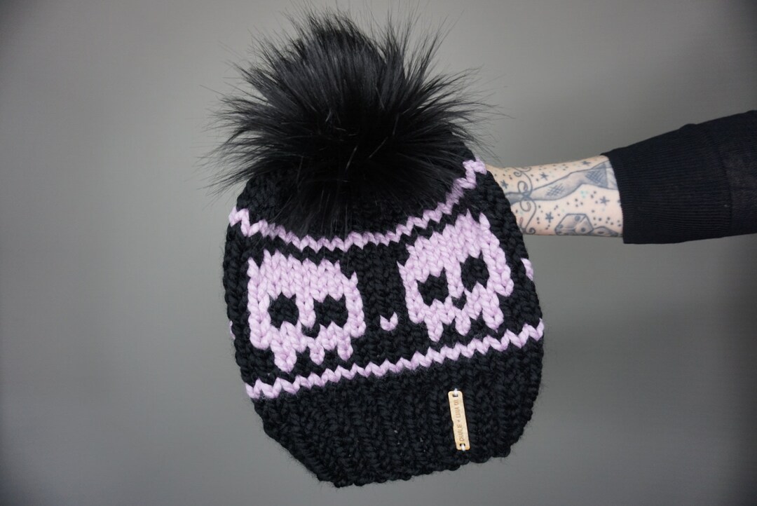 New Custom Designed Black Slouchy Pom Beanie with Black & Silver Checkered Heart Tiny Heart Fair Isle Knit Beanie – Knittedhome main image 3