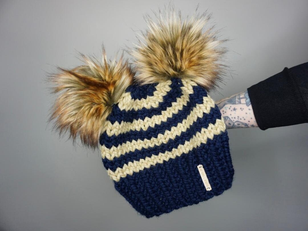 Striped Double Pom Beanie in Navy and Peanut with Grizzly faux fur poms | Charlie & Luna Co. Handmade, Knit, Hat, Winter hat, Women, Teen