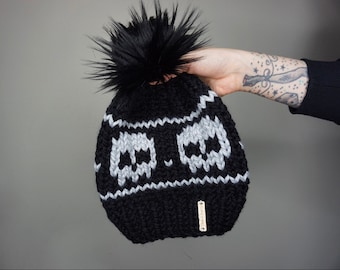 The Skull Beanie | Charlie and Luna Co., Women&#39;s, Men&#39;s, Teen, Unisex, Edgy, Unique, Beanie, slouch beanie, Fur pom