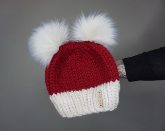 Gorro Santa Double Pom - Charlie & Luna Co. / Hecho a mano, Navidad, Regalos para ella, Adolescente, Mujer, Vacaciones, Calcetín, Tejido, Gorro, Rojo,