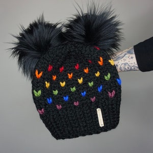 The Rainbow Double Pom Beanie | Charlie & Luna Co., Womens, Teen, Unisex, Handmade, Knit hat, Unique, Faux fur poms, Toque, Trendy, Pride