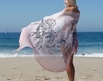 Scarf  - Butterflies Scarf -  Gift for Her - Art Printed Scarf  - Light Pink Scarf  - Christmas gift