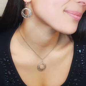 Sterling Silver Necklace | Dome Shaped Pendant | Lace-Patterned Pendant