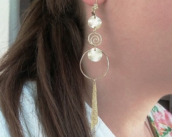 Gold Plated Silver Earrings | Long Dangles Earrings | Textured Earrings | Evening Earrings