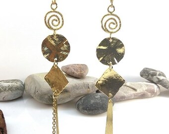 Gold Plated Silver Earrings | Long Dangles Earrings | Textured Earrings | Geometric Earrings