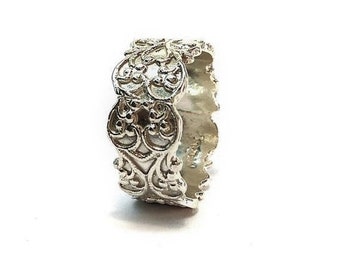 925 Sterling Silver Ring | Wide Wedding Ring | Wedding Band | Filigree Patterned Ring