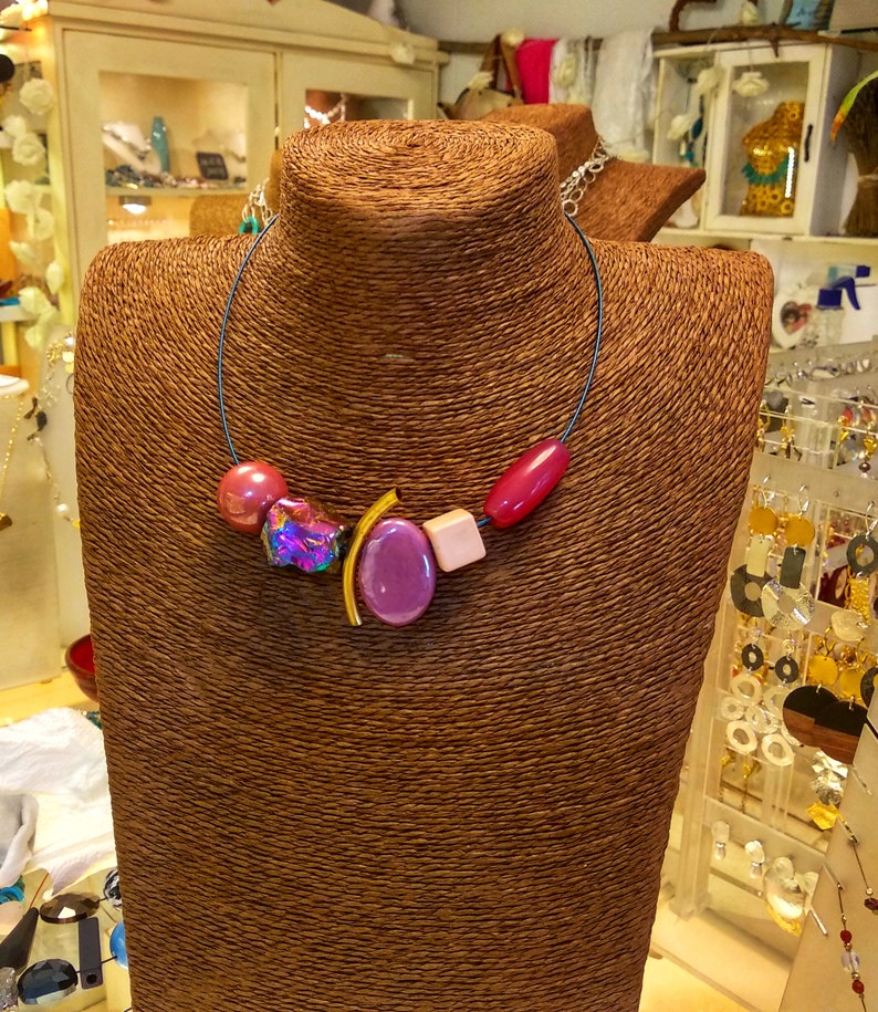 Purple necklace Unique gift Collar chain Collourful nacklace Handm ade jewelry One of Bold necklace Pink necklace Statement necklace