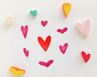 Cute mini hearts stamps - set of 7 carved rubber stamps, stamping tool for crafts, packaging, handmade tags and wrapping