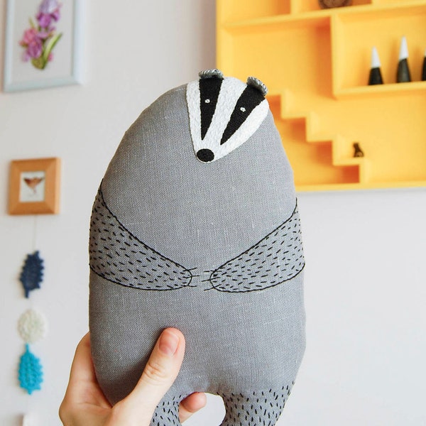 Peter the Badger, 10 inch badger soft toy, embroidered animal shape plush pillow, woodland themed nursery decor