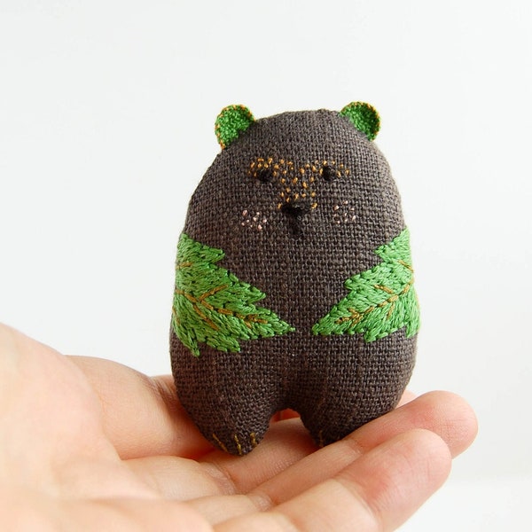 2 1⁄2" mini teddy bear, leaf bear, woodland plush, tiny stuffed animal, embroidered animal, best friend gift, pocket bear