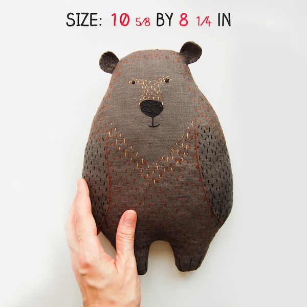 Rufin the Bear, 10 5⁄8 inch baby soft toy, handmade stuffed woodland plush, embroidered nursery pillow, cute kids gift