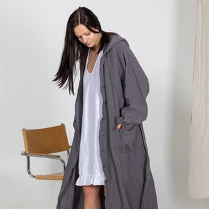 LINEN ROBE SHIRLEY with Hood ,belt and buttons . linen loungewear, linen dress, linen sleepwear. image 2