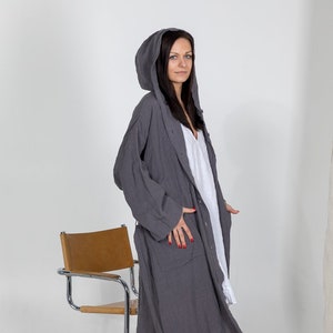 LINEN ROBE SHIRLEY with Hood ,belt and buttons . linen loungewear, linen dress, linen sleepwear. image 5