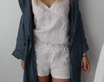 Linen pajama CAROL , linen sleepwear, linen loungewear , linen shorts and linen Slip top.  Made by MOOshop