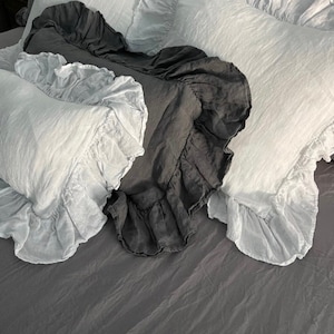 FEDERA PER CUSCINO IN LINO con volant, federe per cuscini in lino, federe per cuscini shabby chic, stile fattoria, per letto matrimoniale, king size, misure standard. Squalifiche Euro