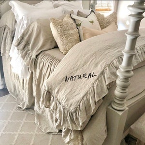 Copripiumino in lino, lino shabby chic, finta volant di lino, Regina, Re, Doppia, Completo, Dimensioni personalizzate, Biancheria da letto in lino francese immagine 1