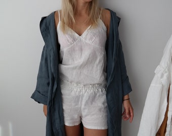 Linen pajama CAROL , linen sleepwear, linen loungewear , linen shorts and linen Slip top.